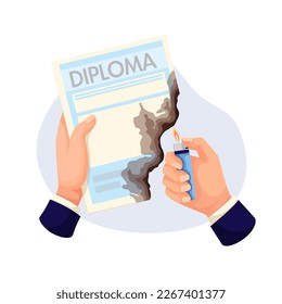 Businessmans hands burn useless diploma with lighter vector illustration. Cartoon hand of office worker holding burnt and torn paper certificate to destroy, diploma document with fire on edge