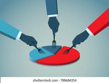 Businessmans hands with fork picking pie chart parts. Financials, market concepts.