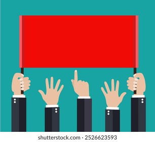 Businessmans hands, gestures. A lot of Businessman hands holding a placard. vector illustration in flat style