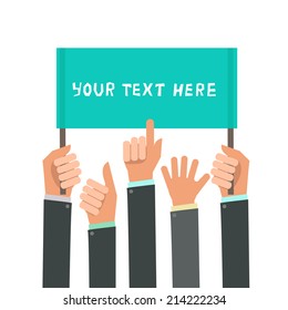 Businessman's hands, gestures. A lot of hands hold a placard. Vector illustration in flat style isolated on white