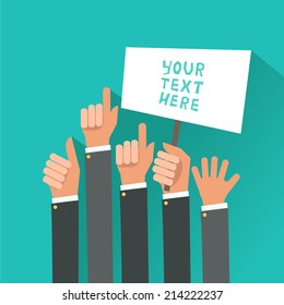 Businessman's hands, gestures. A lot of hands hold a placard. Vector illustration in flat style isolated on blue