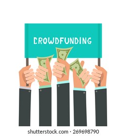 Businessman's hands. A lot of hands hold a placard and money. Businessmen giving a cache. Investing or crowdfunding concept. Vector illustration in flat style isolated on white