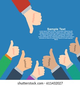 Businessmans hands hold thumbs up vs one hold thumbs down. Vector illustration in flat design on blue background. Financials, work motivation.