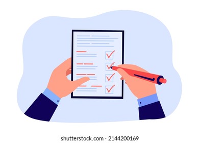 Businessmans hands holding document on clipboard and pen. Man confirming business plan checklist with checkmarks in notepad flat vector illustration. Inspection, survey, project reminder concept
