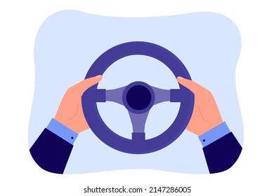 Businessmans hands holding steering wheel of car. Male driver driving automobile on highway flat vector illustration. Test drive, school concept for banner, website design or landing web page