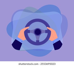 Businessmans hands holding steering wheel of car. Male driver driving automobile on highway flat vector illustration. Test drive, school concept for banner, website design or landing web page