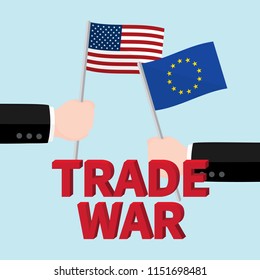 Businessman's hands holding USA and European Union flag with trade war word concept.