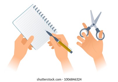 Businessman's hands with office supplies: paper notebook, pen, scissors. Vector illustration of human hands holding various business accessories. Flat design elements isolated on white background.