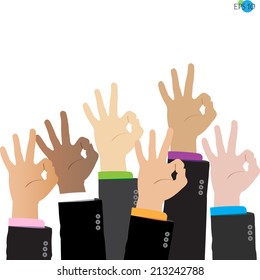 businessman's hands show okay,  good, excellent, success, teamwork, vector illustration