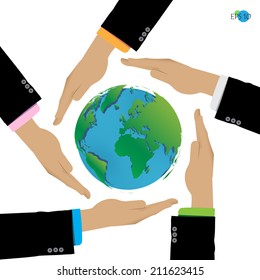 businessman's hands surrounding the globe, world, earth, care, take care, vector illustration