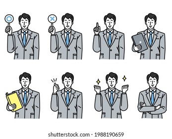  Businessman's illustrations (men, correct answers, incorrect answers, attention, guts pose, , arms folded, laptop , business setting)