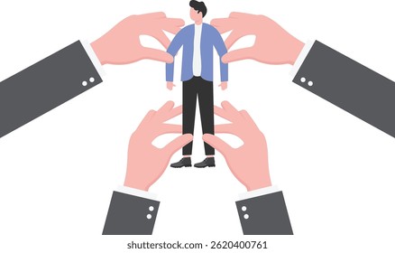 Businessman's limbs bound and controlled by four large hands

