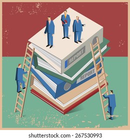 Businessman's with too many folders and ladder. Conception of career advancement.