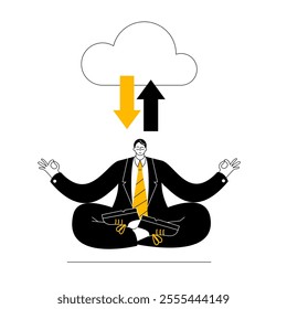 Businessman's Meditation. Balancing Data in the Cloud. Vector illustration in linear style. The theme of training neural networks and artificial intelligence in a database from the cloud.