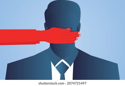 Businessman's mouth is blocked by red hands