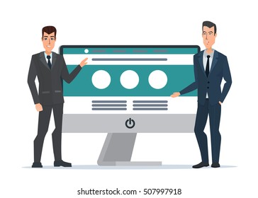 businessman's presents Website. Computer screen. Development project, SEO process information. Business cartoon concept. Vector illustration isolated on white background in flat style.