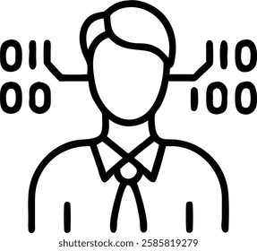 Businessmans profile with green data flow and copy space concept as A soft abstract image features a businessmans profile overlaid with flowing green data lines symbolizing integrating sustainability