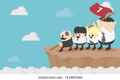 Businessman's raising empty flag number one on flagpole flagstaff on top of a mountain