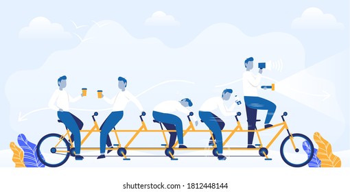 Businessmans ride a bike together. Color vector cartoon illustration. Business concept for teamwork.
