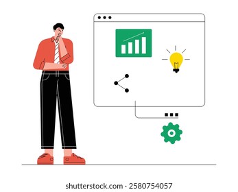 A businessman's strategy in developing a business to meet consumer needs, solopreneur vector illustration.