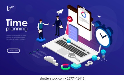 Businessmans trying to accomplish tasks and goals on time. Time management, effective time spending, time planning concept. Website  landing web page template.