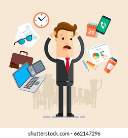 Businessman's working day.  A lot of office things, smartphone, laptop, glasses, documents, cup of coffee, calendar, calculator. Vector, illustration, flat