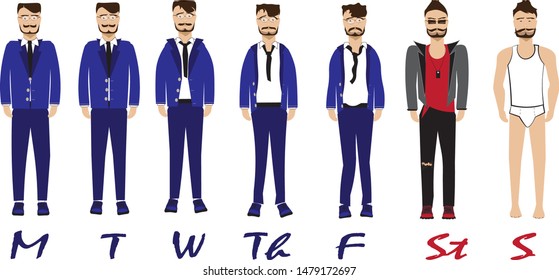 Businessman's working week. Weekdays and weekends, vector graphics