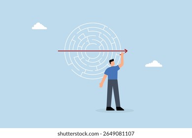 business mansoluciona o quebra-cabeça de labirinto com seta reta.