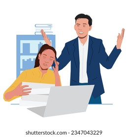 businessman-woman-feeling-dizzy-headache-angry-expression-in-office-in-flat-illustration by imity studio imityworks