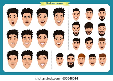 Businessman.Young man portrait.Different male avatar expressions set.Character creation set with, hairstyles, face emotions, lip sync, says.Isolated vector on white.For animation and design work.Flat