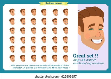 Businessman.Young man's portraits.Different male avatar expressions set.Handsome man beautiful.Isolated on white.Cute flat.Joy,laughter,sorrow, sadness,anger,rage,surprise,shock,crying vector.Emotions