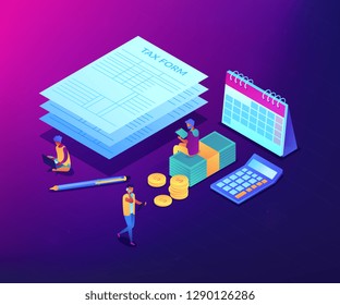 Businessmen and accountant filling and calculating financial document form. Tax form, income tax return, company tax payment concept. Ultraviolet neon vector isometric 3D illustration.