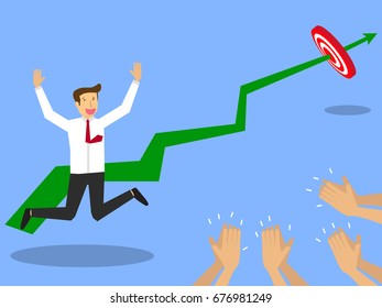 Businessmen achieve the set goals. With gladness leap floating. And a colleague applauded. Flat vector design.