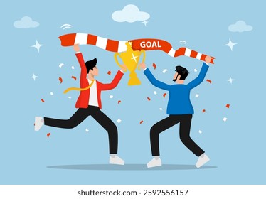 Businessmen achieve success, achieve, succeed in business performance or victory, or achieve career success. Two successful entrepreneurs bring victory trophies. concept of achieving goals or targets.