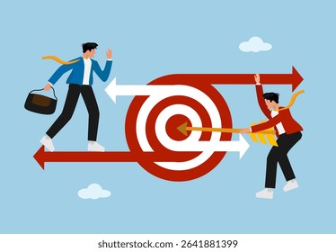 Businessmen Achieving Target with Strategy and Teamwork on Winding Path Toward Success – Concept Illustration of Career Growth, Planning, and Goal Achievement