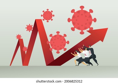 Businessmen against down arrow chart financial Crisis of COVID-19 Coronavirus Pandemic Overcoming crisis with help of economic businessgroup from falling in economic collapse from pathogen. illustrati