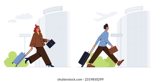 Businessmen at airport set. Characters with luggage suitcase hurries on board departing aircraft. Tourism and travel concept. People go on work and business trip. Cartoon flat vector illustration