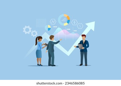 Hombres de negocios analizando el gráfico de crecimiento de negocios. Colaboración empresarial y asociación para el éxito y el logro de la empresa. Diseño plano vectorial.