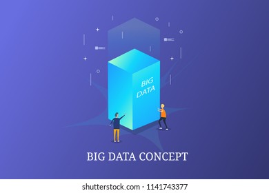 Businessmen analyzing data, 3D isometric data center, Server, Big data conceptual vector