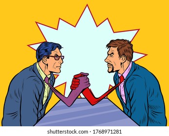 Businessmen arm wrestling. Ties instead of hands. Competition concept. Pop art retro vector illustration kitsch vintage 50s 60s style