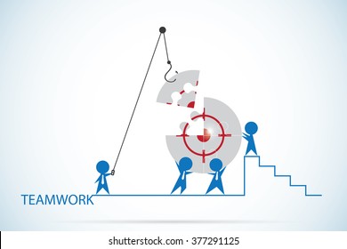 businessmen assembling the target symbol on jigsaw puzzle, teamwork and business concept