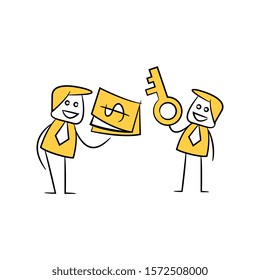 businessmen barter key and money yellow stick figure