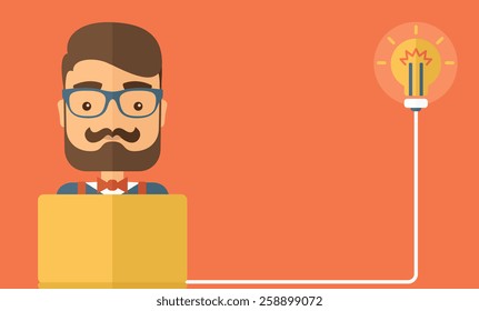 Die Geschäftsleute mit Bart haben eine Idee. Konzept der Idee. Vektorflachdesign-Illustration. Horizontales Layout mit Textbereich.