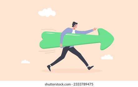 Businessmen with big arrow run. Move forward for success future. Arrow direction for life, business. Way to success. Determination or courage, career path.