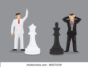 Businessmen in black and white suits with life size chess pieces. Vector cartoon illustration on checkmate in chess as a metaphor for business strategy.