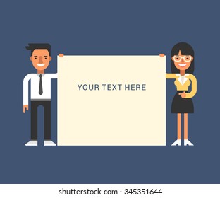 Businessmen with Blank Banner. Male and Female Cartoon Characters. Flat Style Vector Illustration