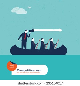 Businessmen in a boat with megaphone. Vector illustration Eps10 file. Global colors. Text and Texture in separate layers. 