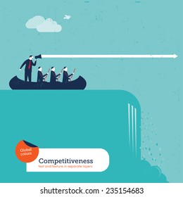 Businessmen in a boat with team leader crossing a waterfall. Vector illustration Eps10 file. Global colors. Text and Texture in separate layers.