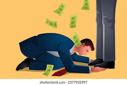 Businessmen bow down and bootlicking the feet of powerful man who shower him with money. Represents themes of compliance and financial dependency, conveying dynamics of power and influence