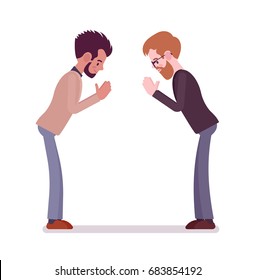 Businessmen bow gesture. Greeting, openness and honesty, nonverbal communication and body language. Formal manners concept. Vector flat style cartoon illustration, isolated, white background